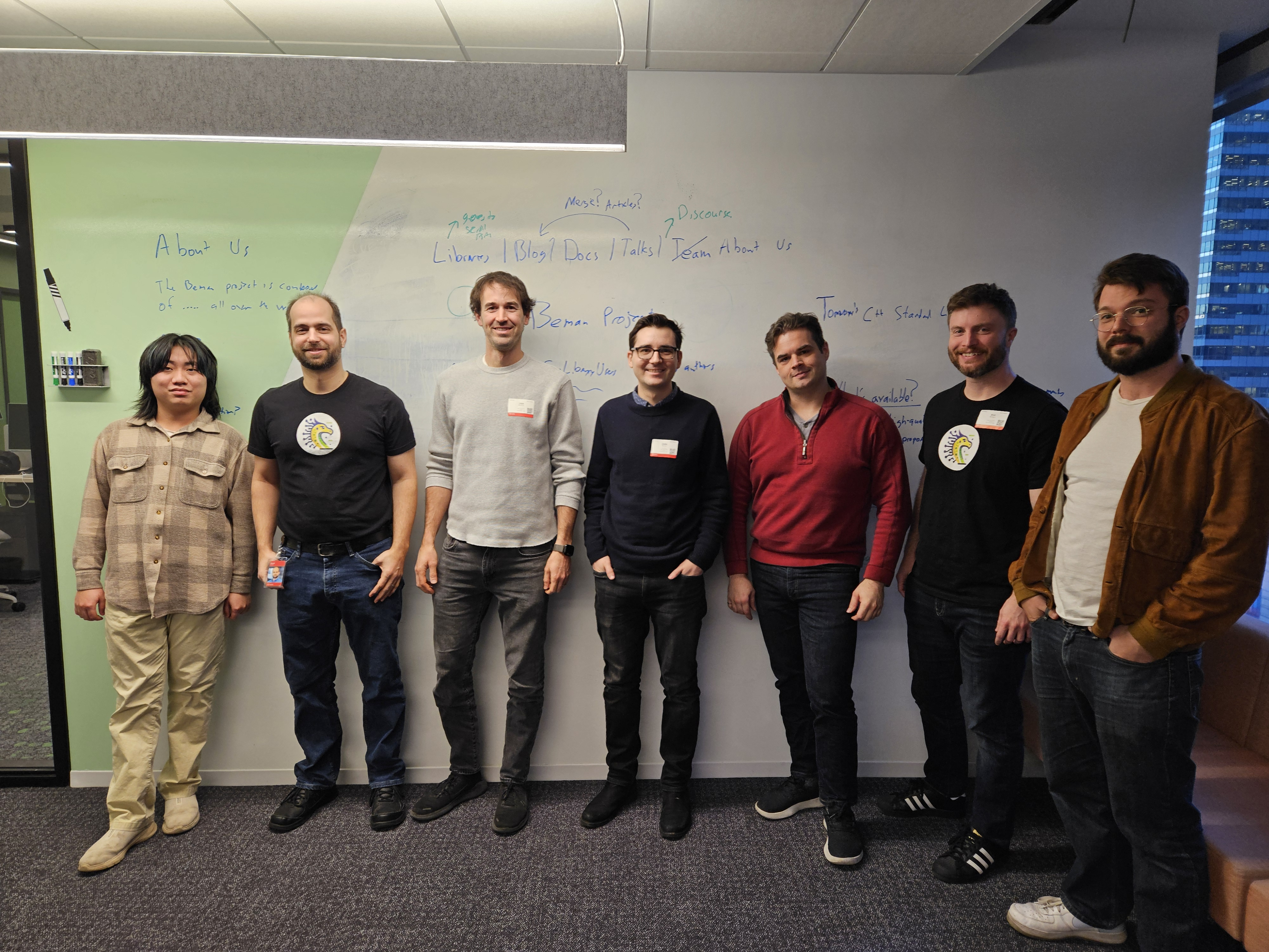 All the hackathon folks standing together in a portrait looking very cool. portrait of attendees